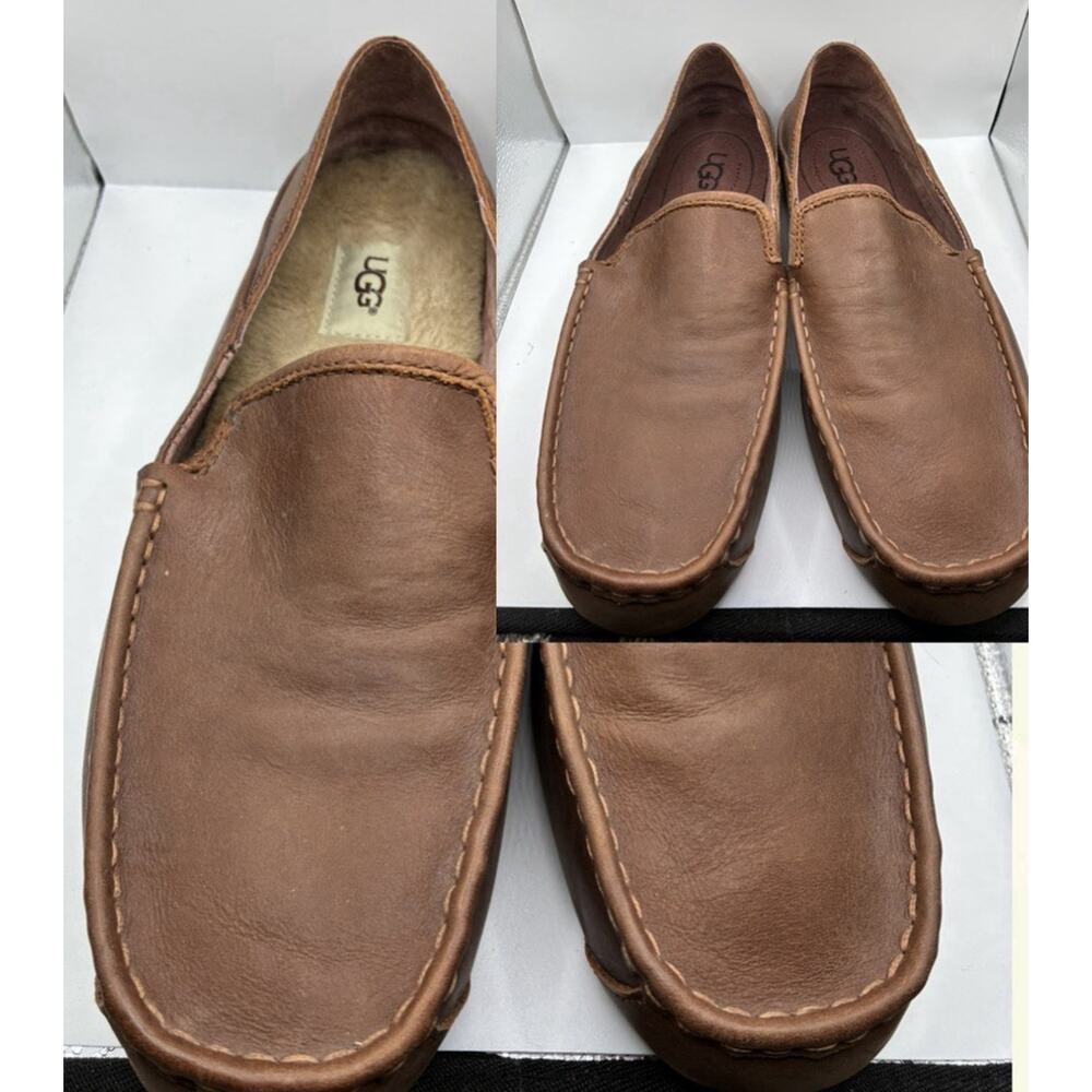 UGG Hunley Men's 11 Tan Leather Driving Moccasin Loafer w/ Shearling Insole